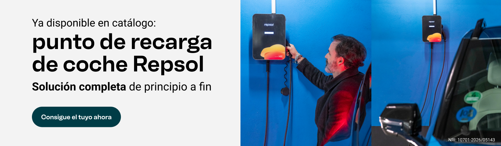 Ya disponible en catálogo: Punto de recarga de coche Repsol. Solución completa de principio a fin. Consigue el tuyo ahora.
