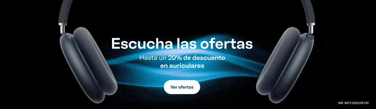Escucha las ofertas. Hasta un 20% de descuento en auriculares. Botón: Ver ofertas. NRI: 8472-2025/05143.