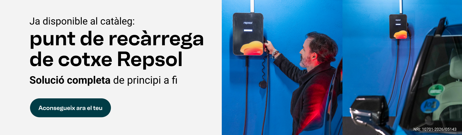 Ja disponible en catàleg: Punt de recàrrega de cotxe Repsol. Solució completa de principi a fi. Aconsegueix el teu ara.
