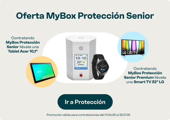 Oferta MyBox Protección Senior: contrata y llévate una tablet Acer de 10,1 pulgadas o una Smart TV LG de 32 pulgadas. Promoción válida del 1 de junio al 30 de junio de 2025, activando el servicio antes del 15 de julio.