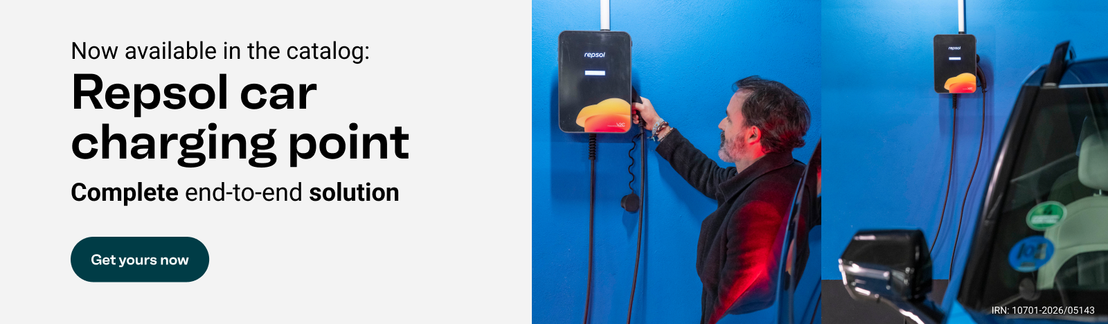 Now available in our catalogue: Repsol electric car charging point. A complete end-to-end solution. Get yours now.
