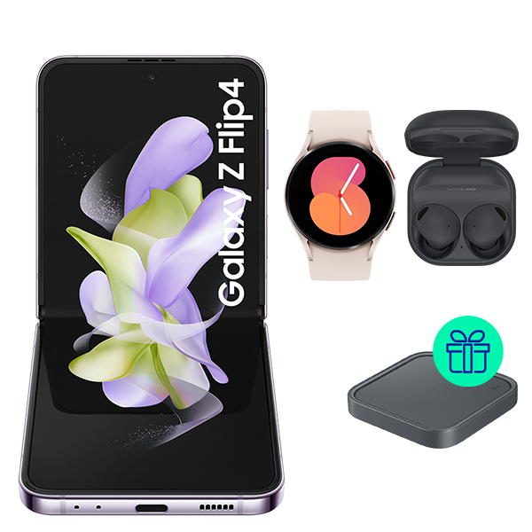Pack Galaxy Z Flip4 256GB Bora Purple + Galaxy Watch 5 40mm BT Gold + Galaxy Buds2 Pro Gray + free Wireless Charger Pad
                                    image number 0