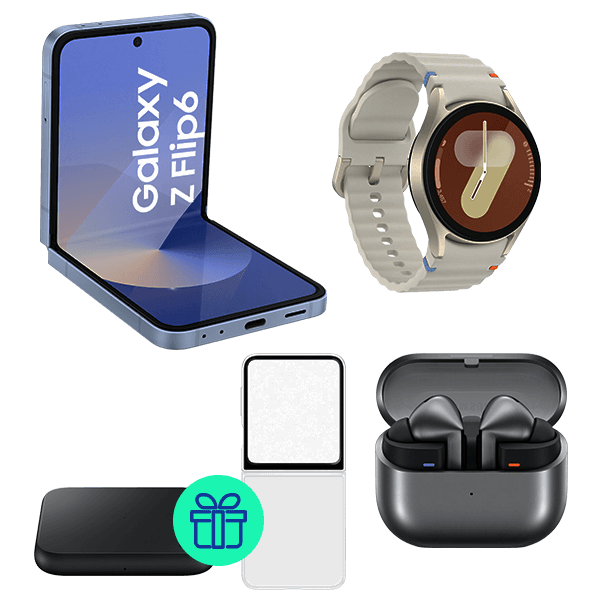 Pack Galaxy Z Flip6 256GB Azul + Watch7 40mm BT Beige + Buds3 Pro Gris+ Funda + Cargador de regalo
                                    image number 0